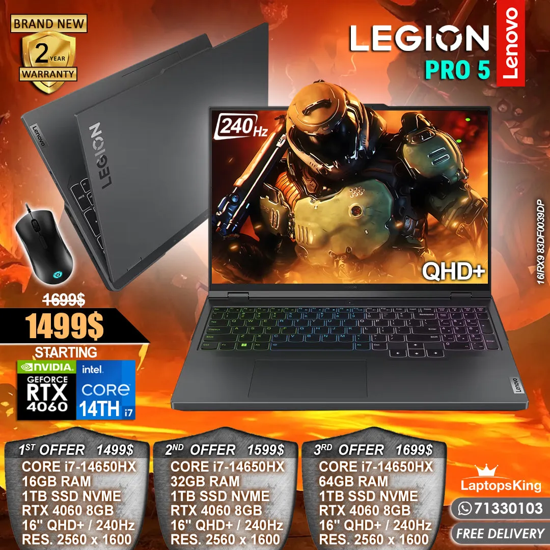 Lenovo Legion Pro 5 16IRX9 83DF0039DP Core i7-14650hx Rtx 4060 240hz Qhd  Gaming Laptops (Brand New)