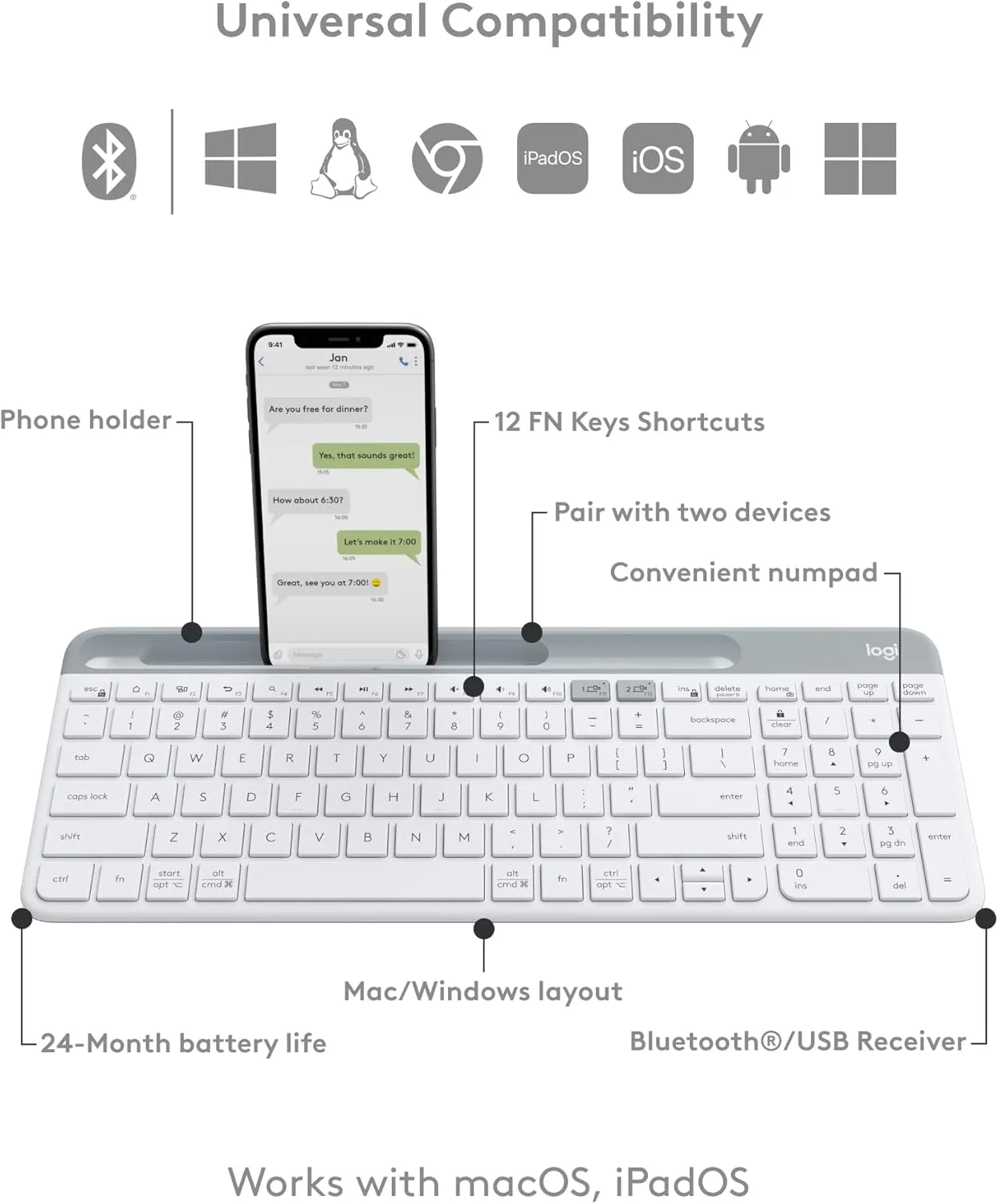 Logitech K580 Slim Multi-Device Wireless Keyboard (English Version) - Pearl White 珍珠白色 920-009211 原裝行貨