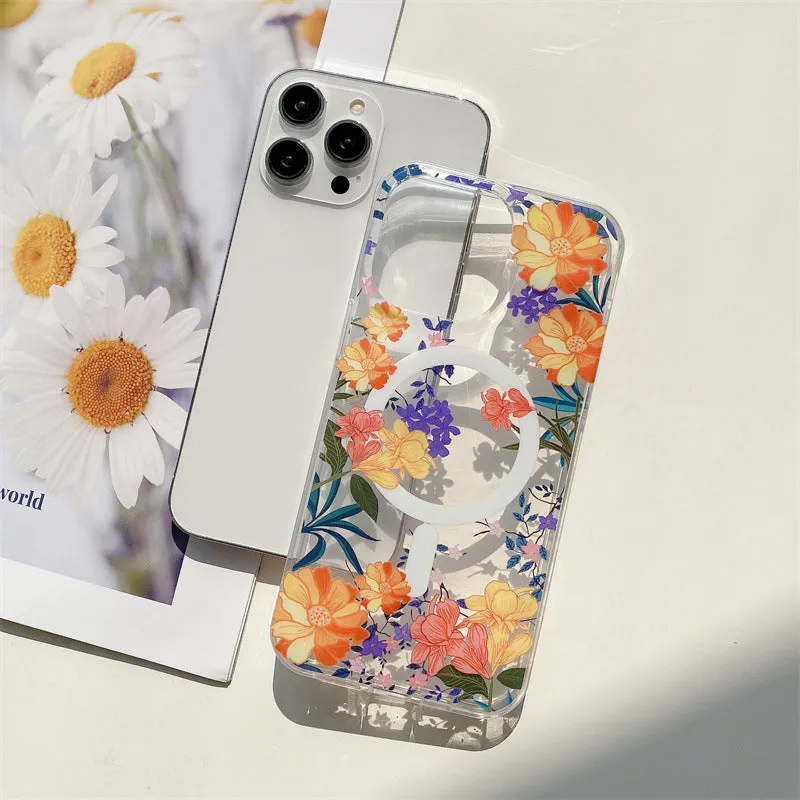 Luxury Flower Magnetic Hard PC Transparent Phone Case For iPhone