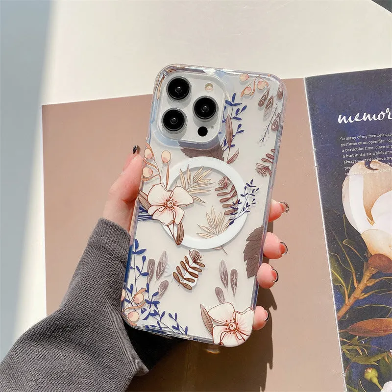 Luxury Flower Magnetic Hard PC Transparent Phone Case For iPhone