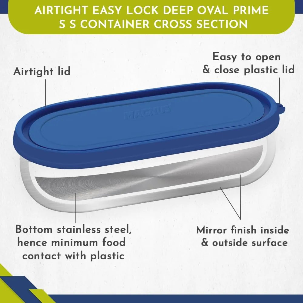 Magnus Easy Lock Deep Oval Prime Deep Container, Stainless Steel, Airtight & Leakproof Lid & Container, For School, Office Picnic, Ideal for Men,Women and Kids (Blue,780ml)