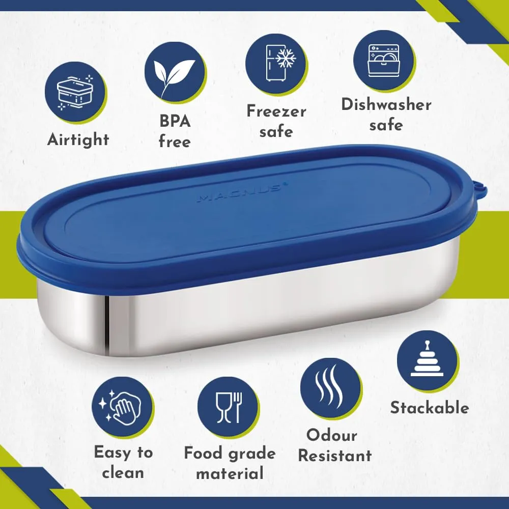 Magnus Easy Lock Deep Oval Prime Deep Container, Stainless Steel, Airtight & Leakproof Lid & Container, For School, Office Picnic, Ideal for Men,Women and Kids (Blue,780ml)