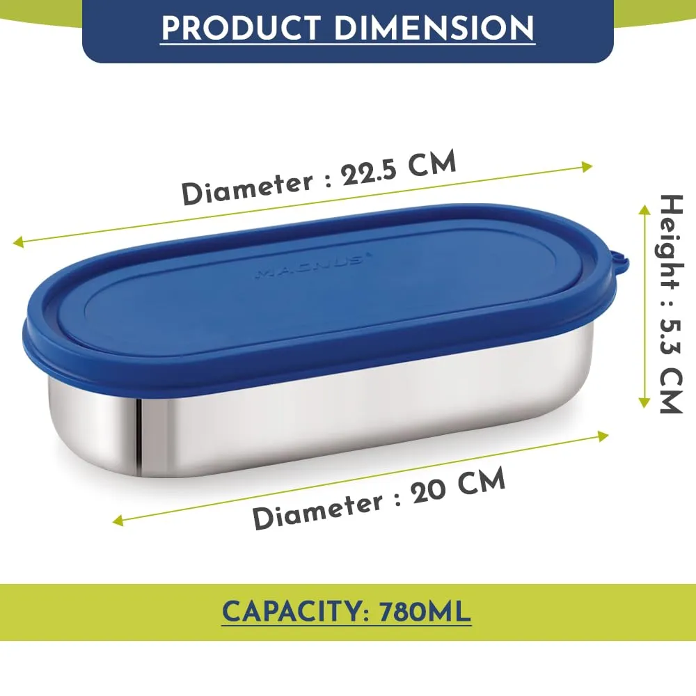 Magnus Easy Lock Deep Oval Prime Deep Container, Stainless Steel, Airtight & Leakproof Lid & Container, For School, Office Picnic, Ideal for Men,Women and Kids (Blue,780ml)