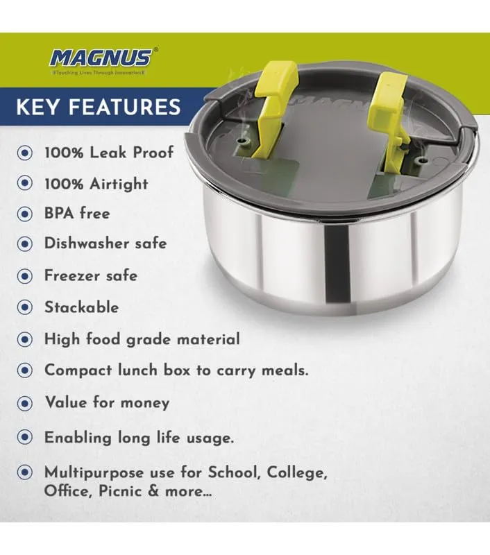 Magnus Olive-4 Stainless Steel Lunchbox with Leak-Proof Containers & Insulated Carry Case - Airtight Food Storage Lunch Box for Kids, Office Men, Women - Dual Long Containers for School, Picnic