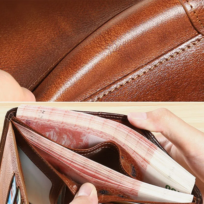 Men Short Ultra-thin First Layer Cowhide RFID Anti-magnetic Wallet Retro Multi-card Slot Card Holder Coin Purse