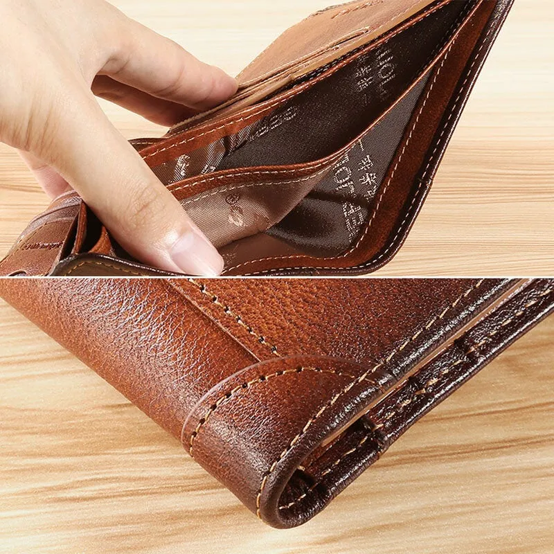 Men Short Ultra-thin First Layer Cowhide RFID Anti-magnetic Wallet Retro Multi-card Slot Card Holder Coin Purse