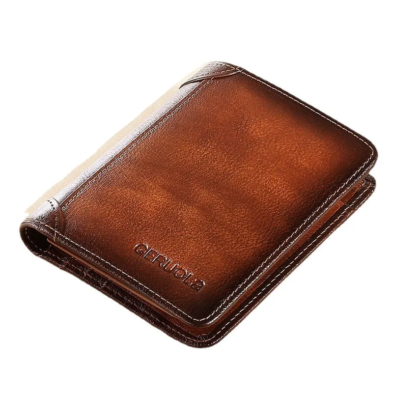 Men Short Ultra-thin First Layer Cowhide RFID Anti-magnetic Wallet Retro Multi-card Slot Card Holder Coin Purse