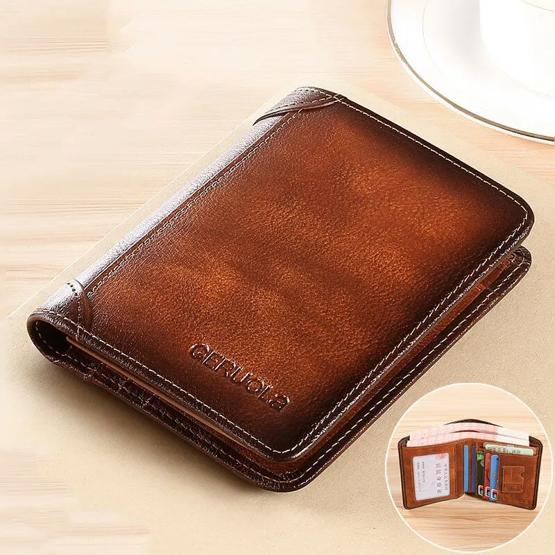 Men Short Ultra-thin First Layer Cowhide RFID Anti-magnetic Wallet Retro Multi-card Slot Card Holder Coin Purse