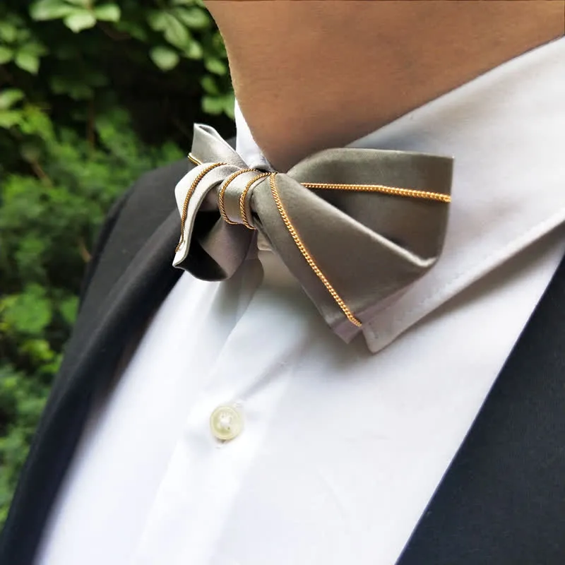 Men's Noble Gray Tone Gold Chain Bow Tie