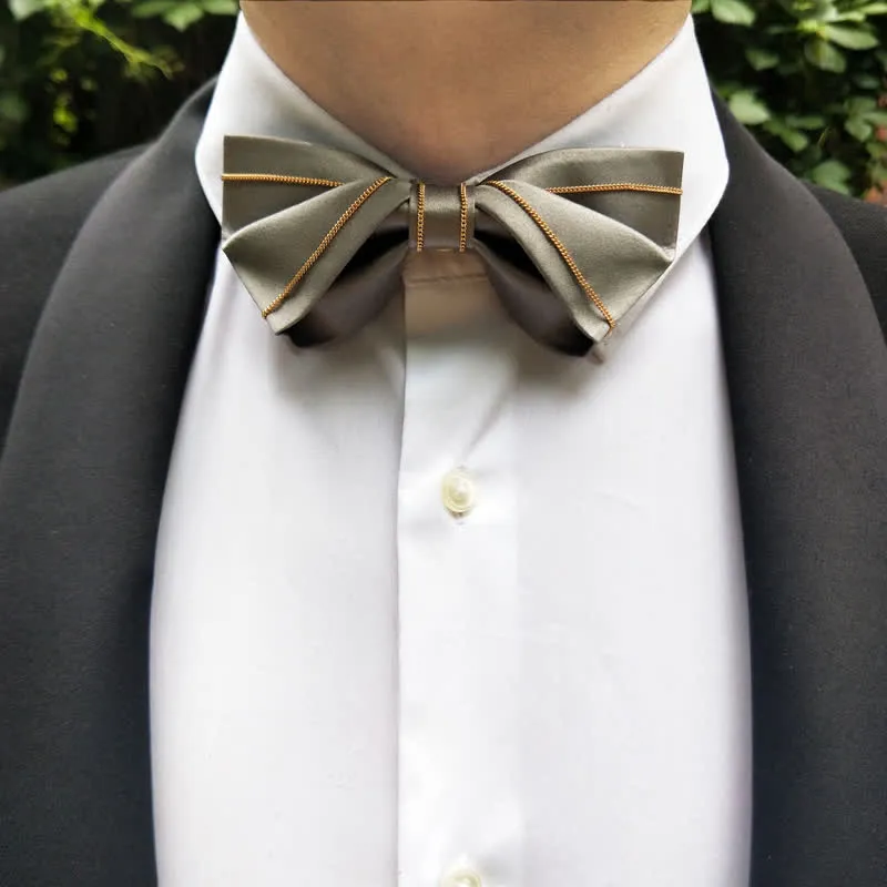 Men's Noble Gray Tone Gold Chain Bow Tie