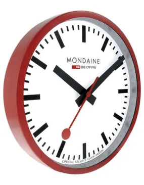 Mondaine Round Wall Clock - White Dial - Red Metal Case