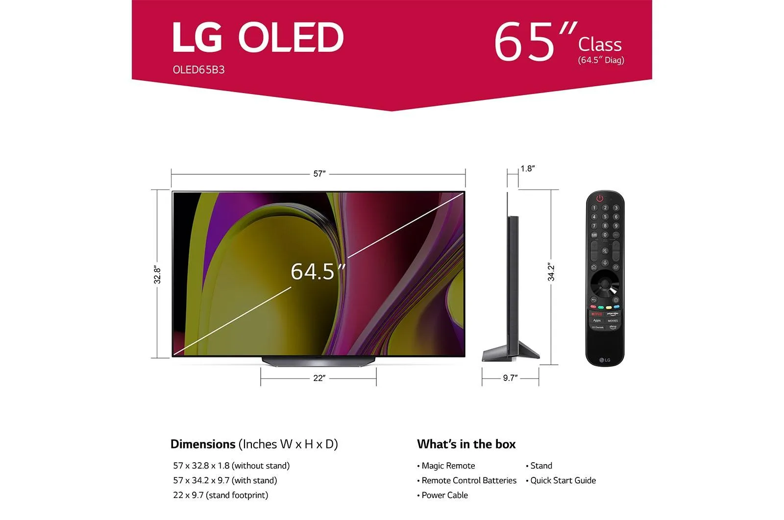 OLED65B3PUA LG 65 Inch Class B3 series OLED 4K UHD Smart webOS 23 w/ ThinQ AI TV