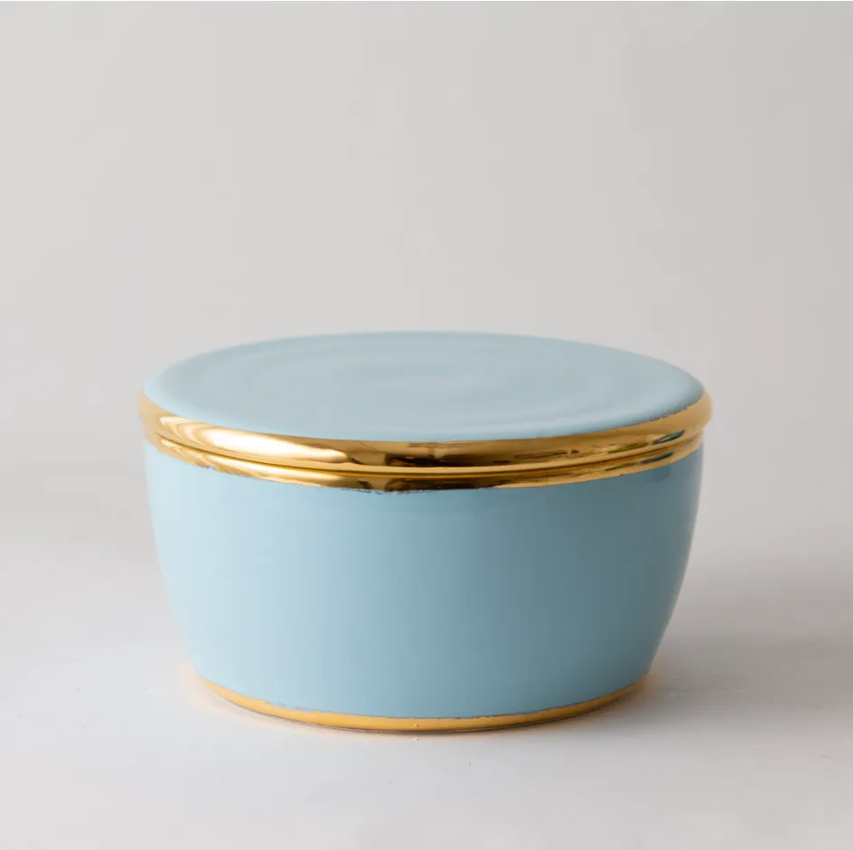 Paul Schneider Ceramics Lidded Round Box in Sky Blue & Gold