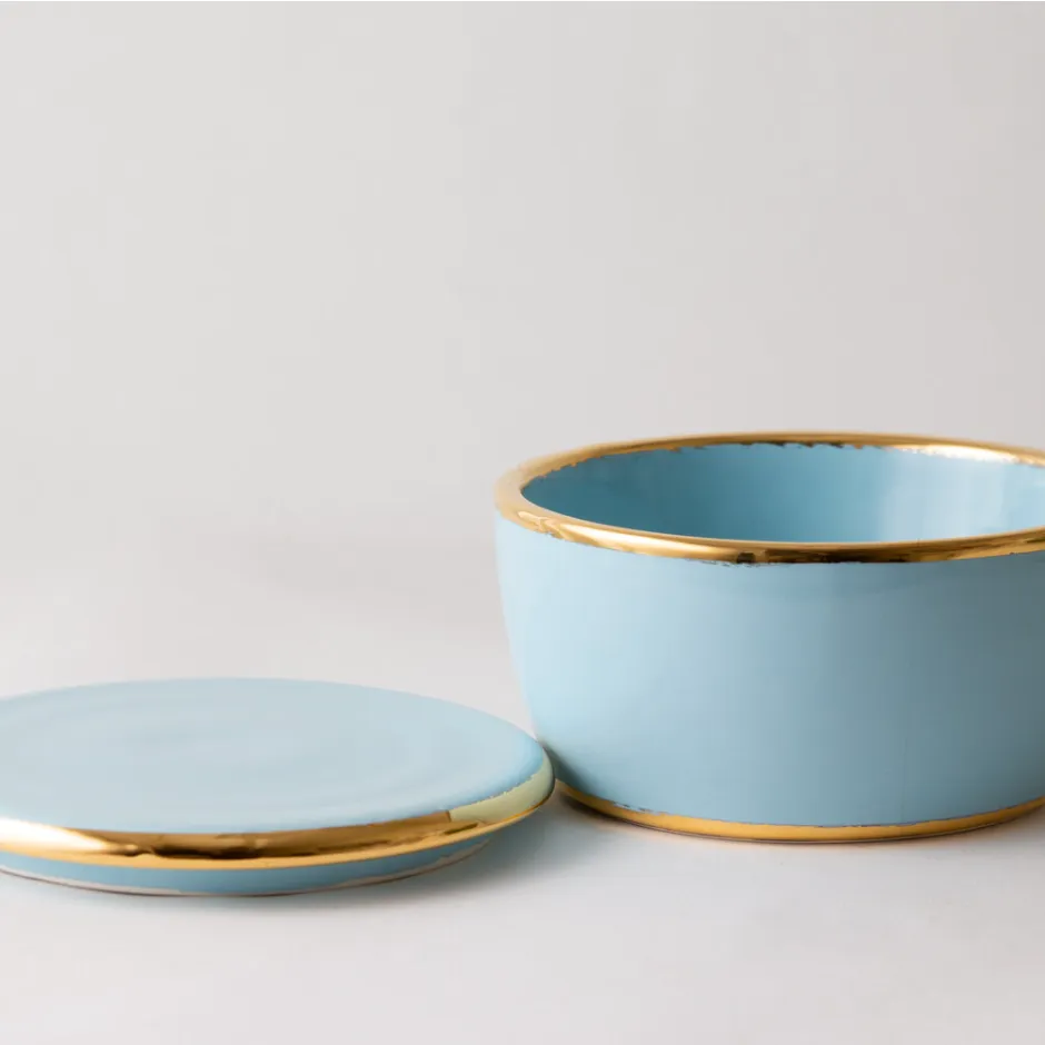 Paul Schneider Ceramics Lidded Round Box in Sky Blue & Gold