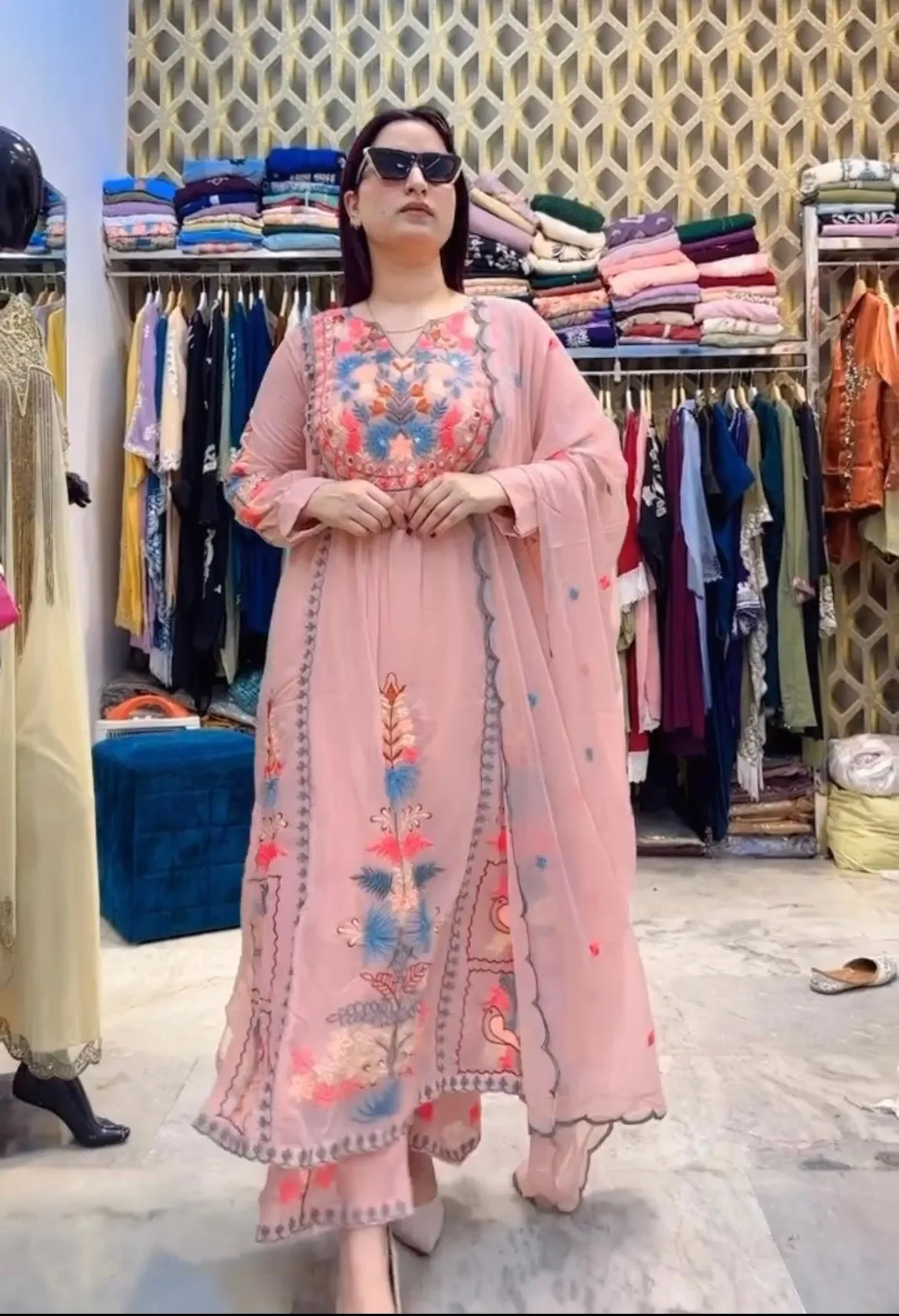 Pink Colored Real Mirro Hand Work Pakistani Suit Set Khushbu