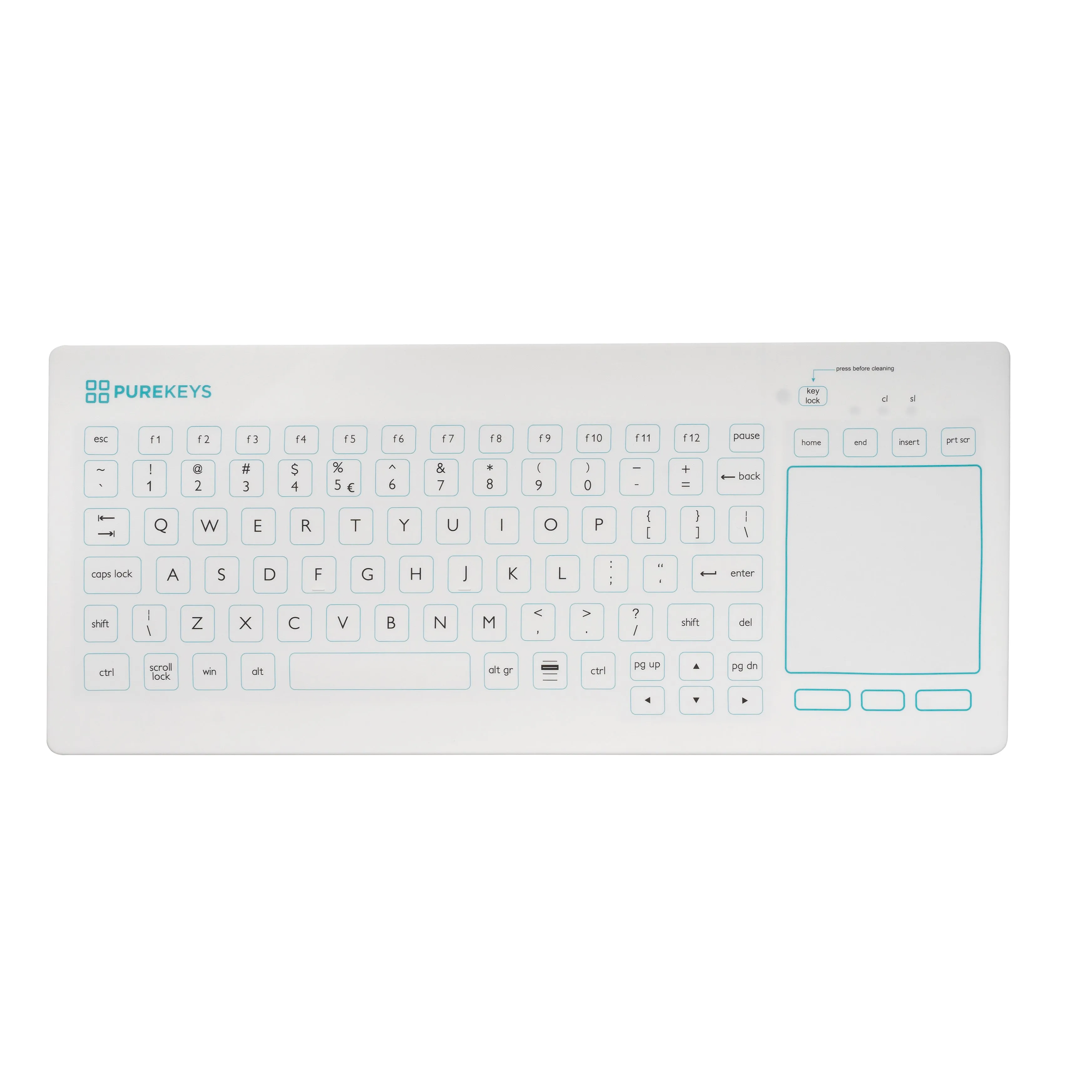 Purekeys Compact Medical Keyboard - Wired, IP66 with integrated touchpad