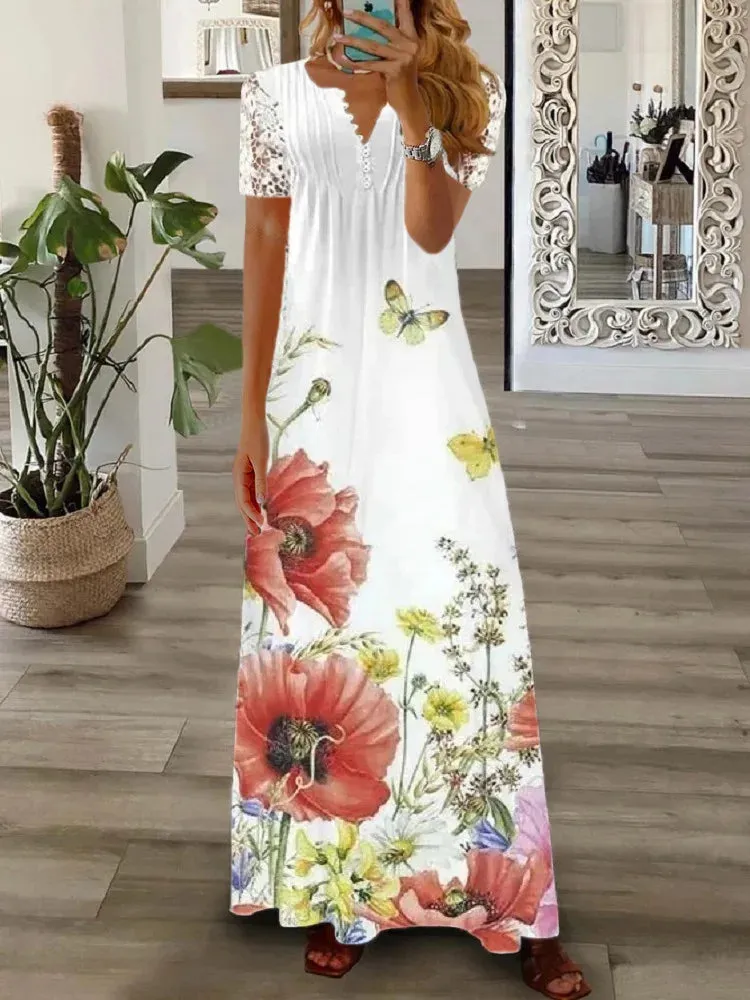 Spring/Summer Fashion Women's Short Sleeve Printed Lace Dresses Elegant Women's White V-neck Slim Fit Party Long Vestidos S-5XL