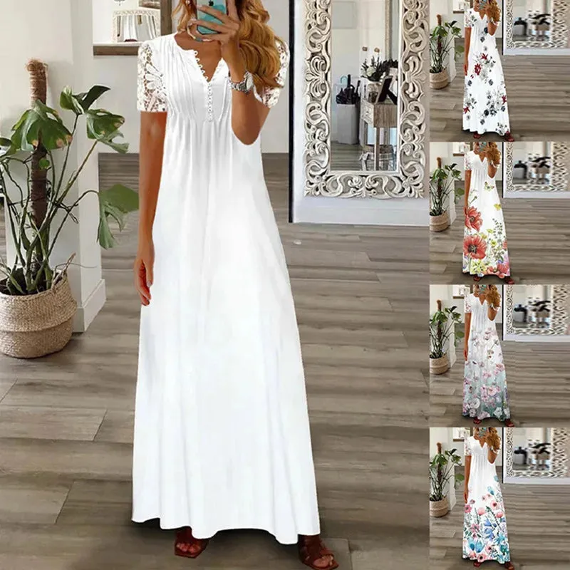 Spring/Summer Fashion Women's Short Sleeve Printed Lace Dresses Elegant Women's White V-neck Slim Fit Party Long Vestidos S-5XL