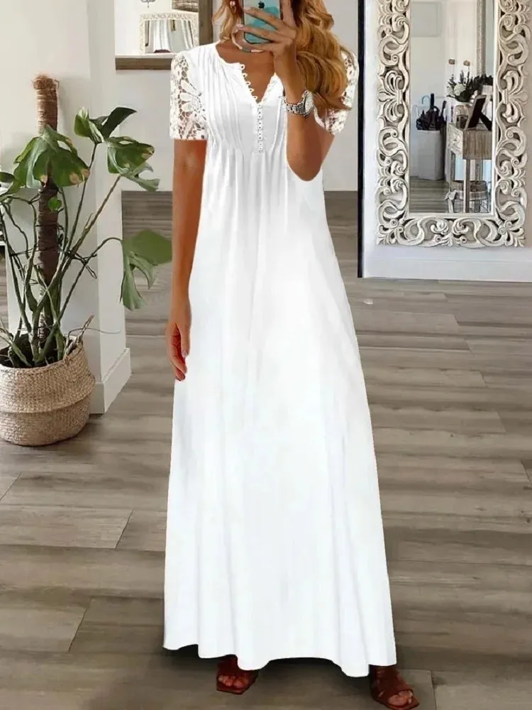 Spring/Summer Fashion Women's Short Sleeve Printed Lace Dresses Elegant Women's White V-neck Slim Fit Party Long Vestidos S-5XL