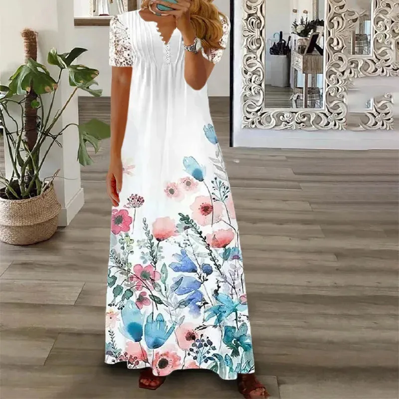 Spring/Summer Fashion Women's Short Sleeve Printed Lace Dresses Elegant Women's White V-neck Slim Fit Party Long Vestidos S-5XL