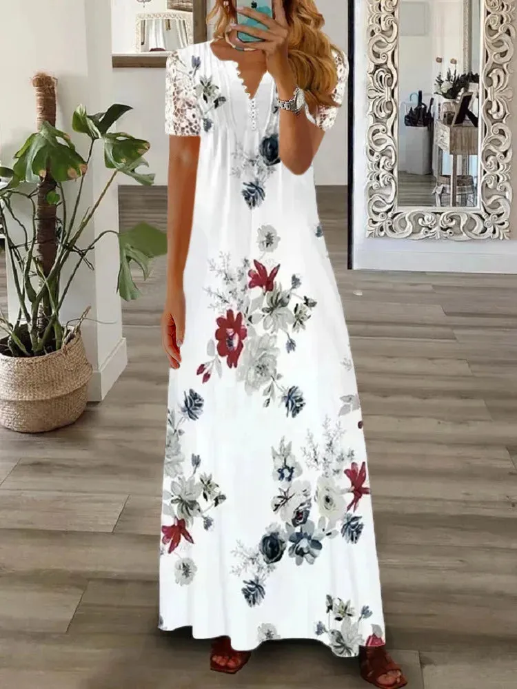 Spring/Summer Fashion Women's Short Sleeve Printed Lace Dresses Elegant Women's White V-neck Slim Fit Party Long Vestidos S-5XL