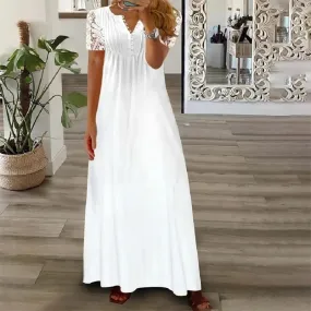 Spring/Summer Fashion Women's Short Sleeve Printed Lace Dresses Elegant Women's White V-neck Slim Fit Party Long Vestidos S-5XL