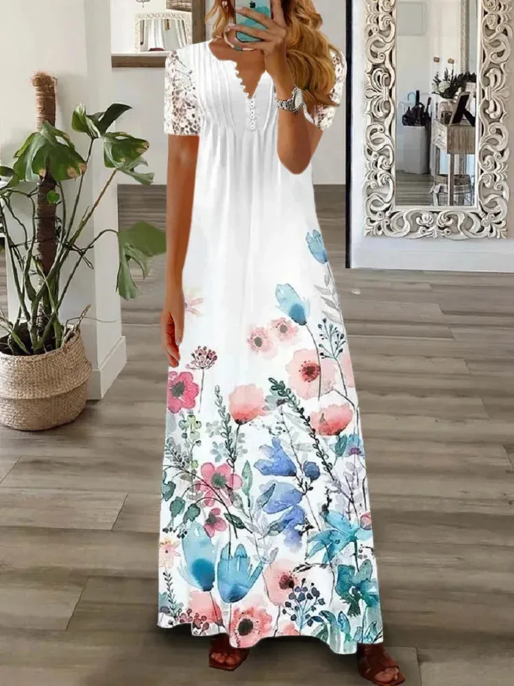 Spring/Summer Fashion Women's Short Sleeve Printed Lace Dresses Elegant Women's White V-neck Slim Fit Party Long Vestidos S-5XL