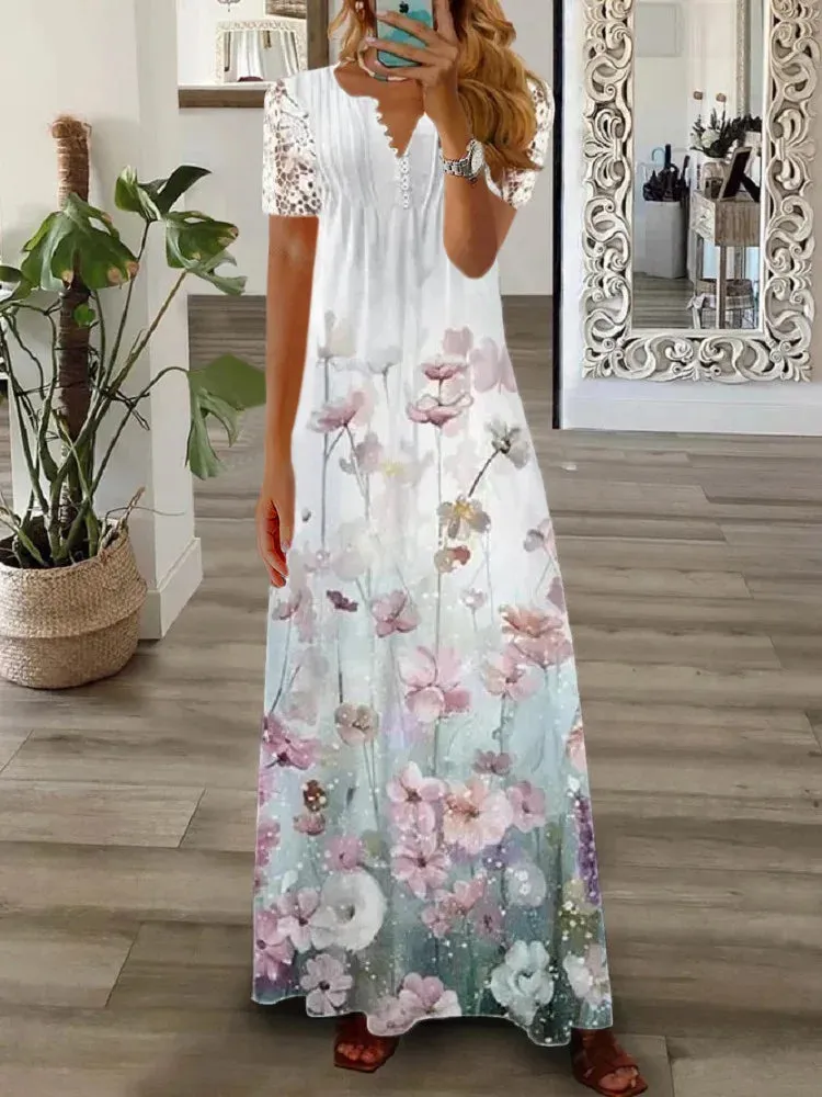 Spring/Summer Fashion Women's Short Sleeve Printed Lace Dresses Elegant Women's White V-neck Slim Fit Party Long Vestidos S-5XL