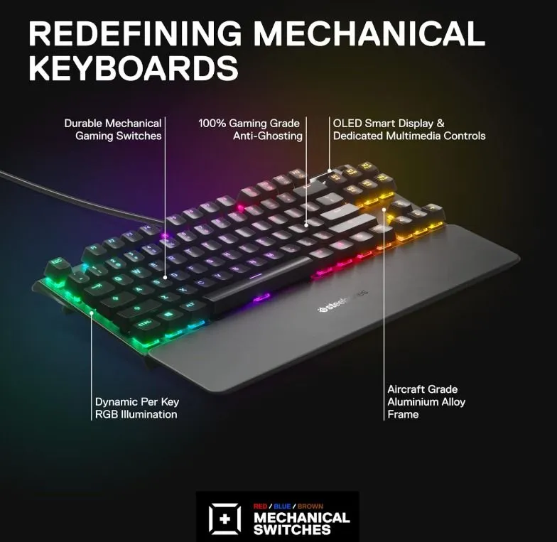 SteelSeries Apex 7 TKL Compact Mechanical Gaming Keyboard OLED Smart Display USB Passthrough and Media Controls Tactile and Quiet RGB Backlit (Brown Switch), Apex 7 TKL