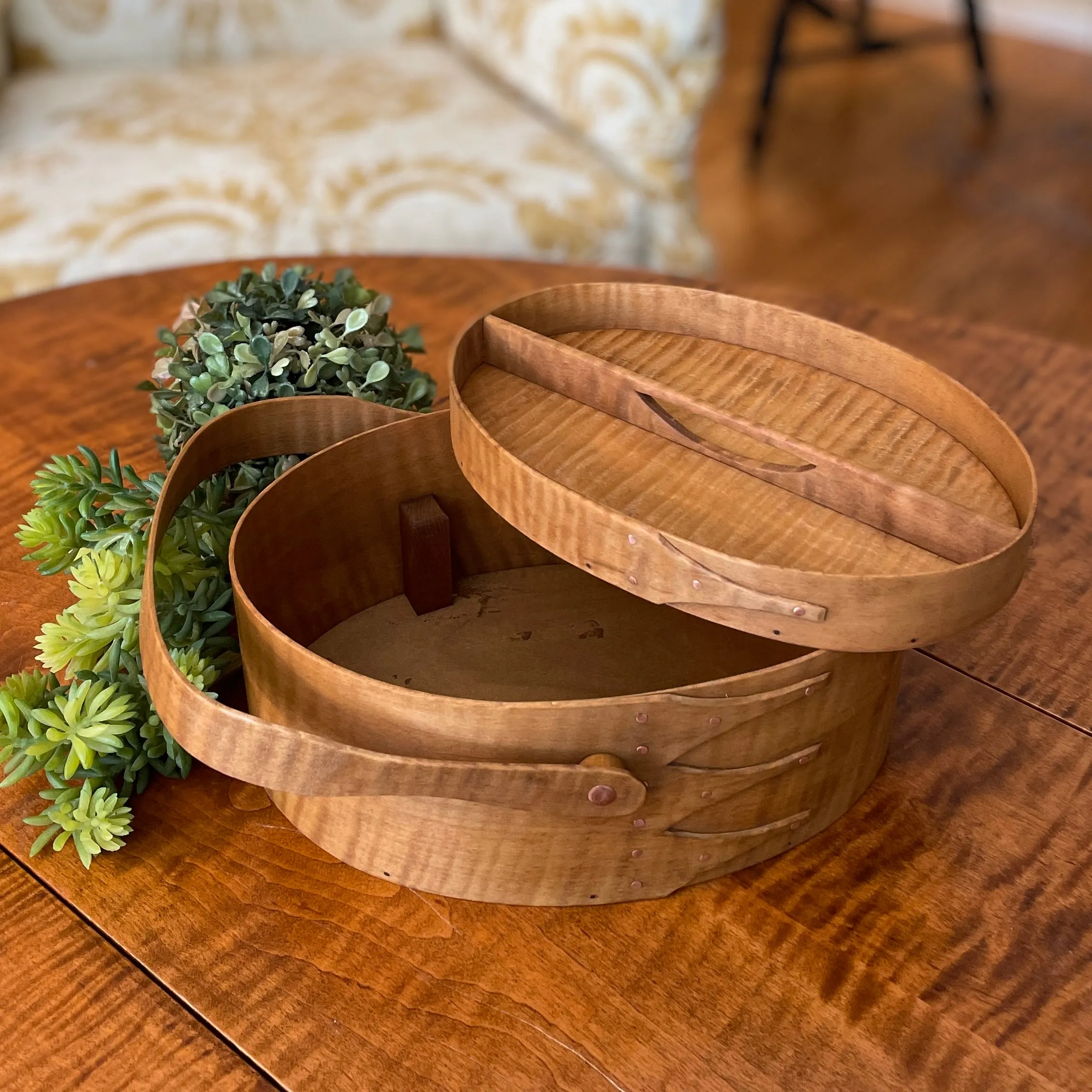 Suffolk Shaker Shop Oval #5 Sewing Box in Tiger Maple ~ Antique Cherry Finish