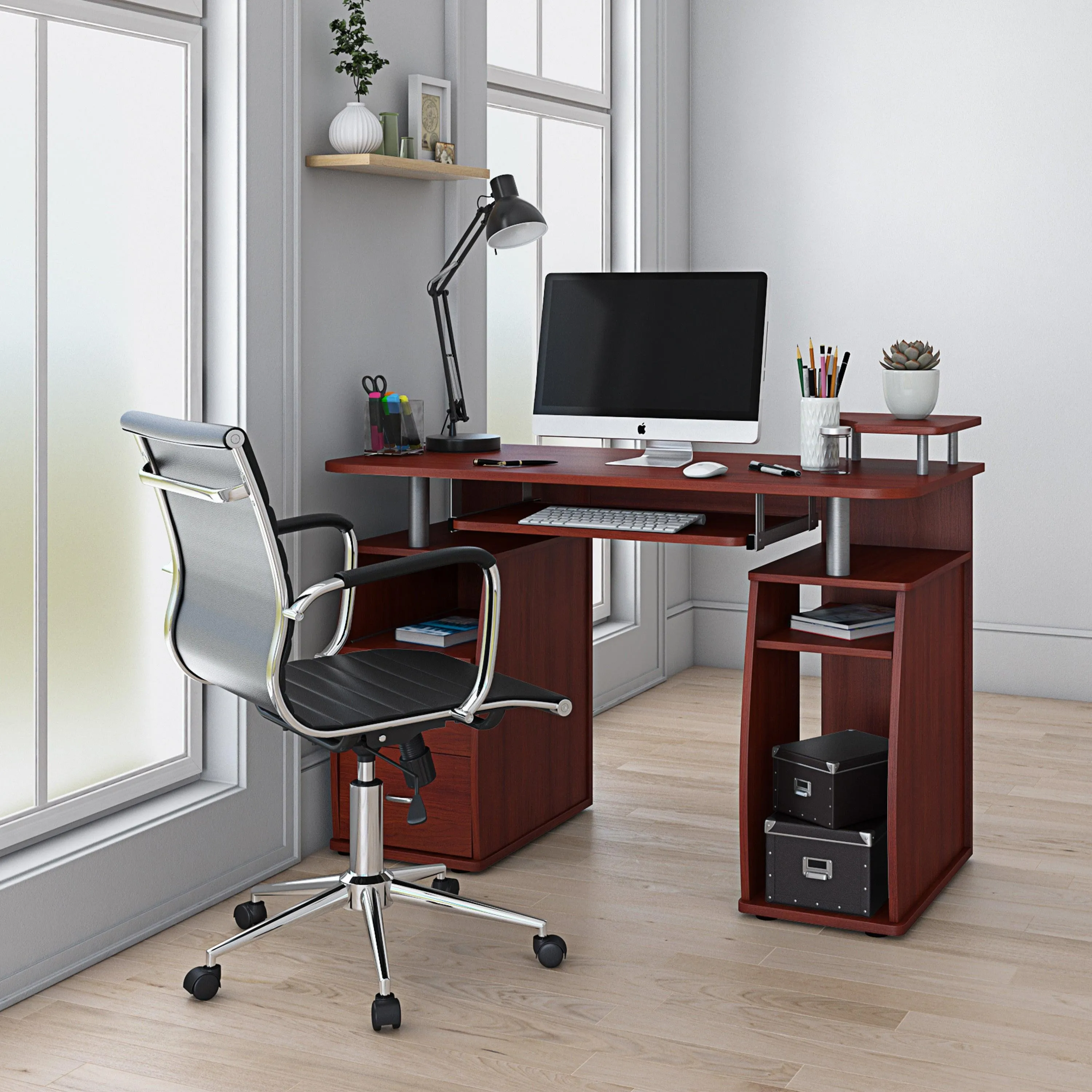 Techni Mobili Complete Computer Workstation Desk WithStorage, Mahogany