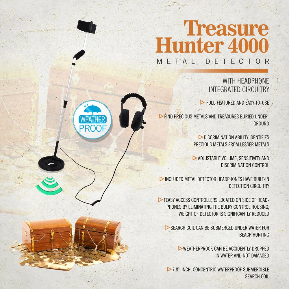 Treasure Hunter 4000 Weatherproof Pro Metal Detector System With Headphone Integrated Circuitry