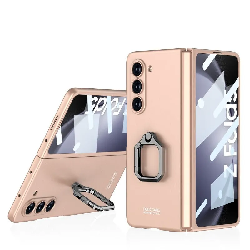 Ultra Thin Skin Friendly Matte Hard Phone Case With Metal Ring Bracket With Tempered Film For Samsung Galaxy Z Fold 5 4