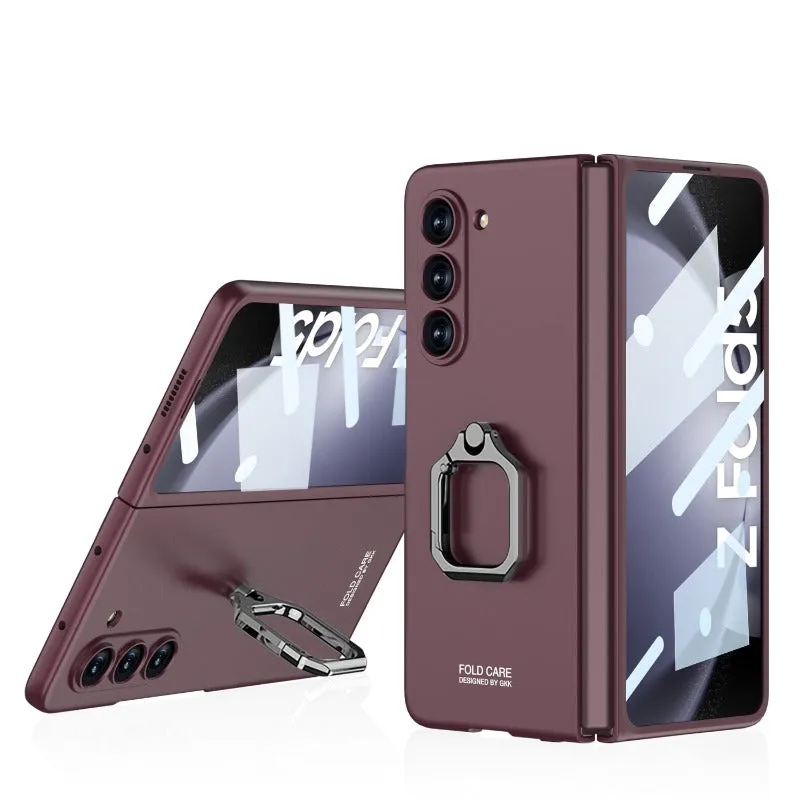 Ultra Thin Skin Friendly Matte Hard Phone Case With Metal Ring Bracket With Tempered Film For Samsung Galaxy Z Fold 5 4