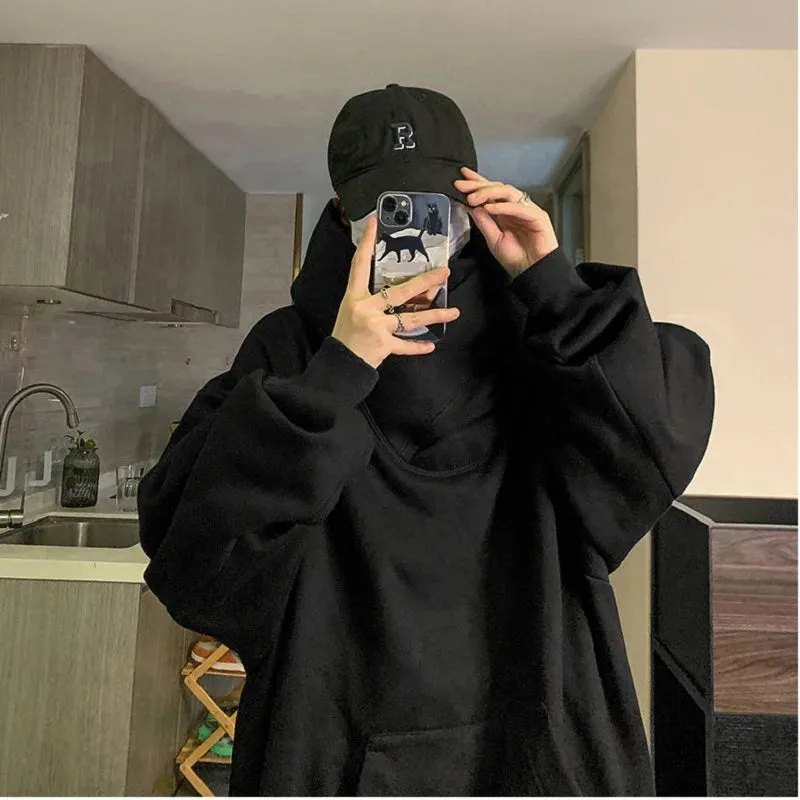 Wiaofellas  -  Harajuku High Collar Loose Hoodie Spring Hip Hop Sweatshirt Hooded Baggy Fashion Streetwear Black/Gray Long Sleeve Men Hoodies