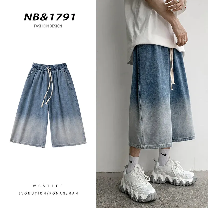 Wiaofellas  -  Summer Gradient Jeans Shorts Male Calf Length Trousers Denim Elastic Waist Short Jean Mens Oversized Black/Blue S-2XL