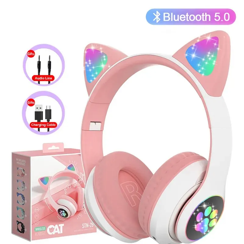 Wireless Cute Cat Ears Headphones with Bluetooth 5.0, Stereo Sound, Mic, TF Card Support – Perfect Earphone Birthday Gift for Kids and Girls