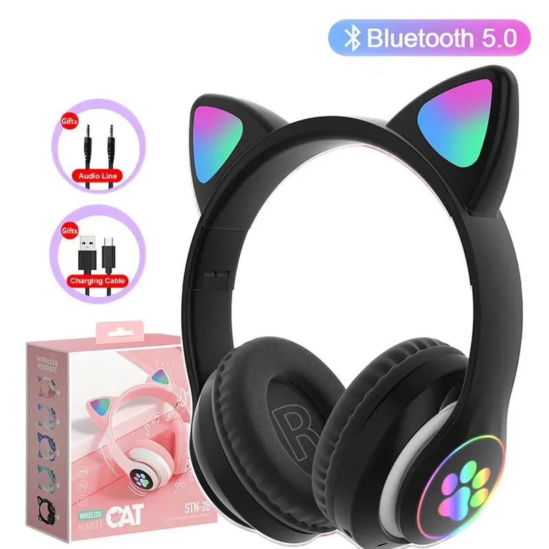 Wireless Cute Cat Ears Headphones with Bluetooth 5.0, Stereo Sound, Mic, TF Card Support – Perfect Earphone Birthday Gift for Kids and Girls