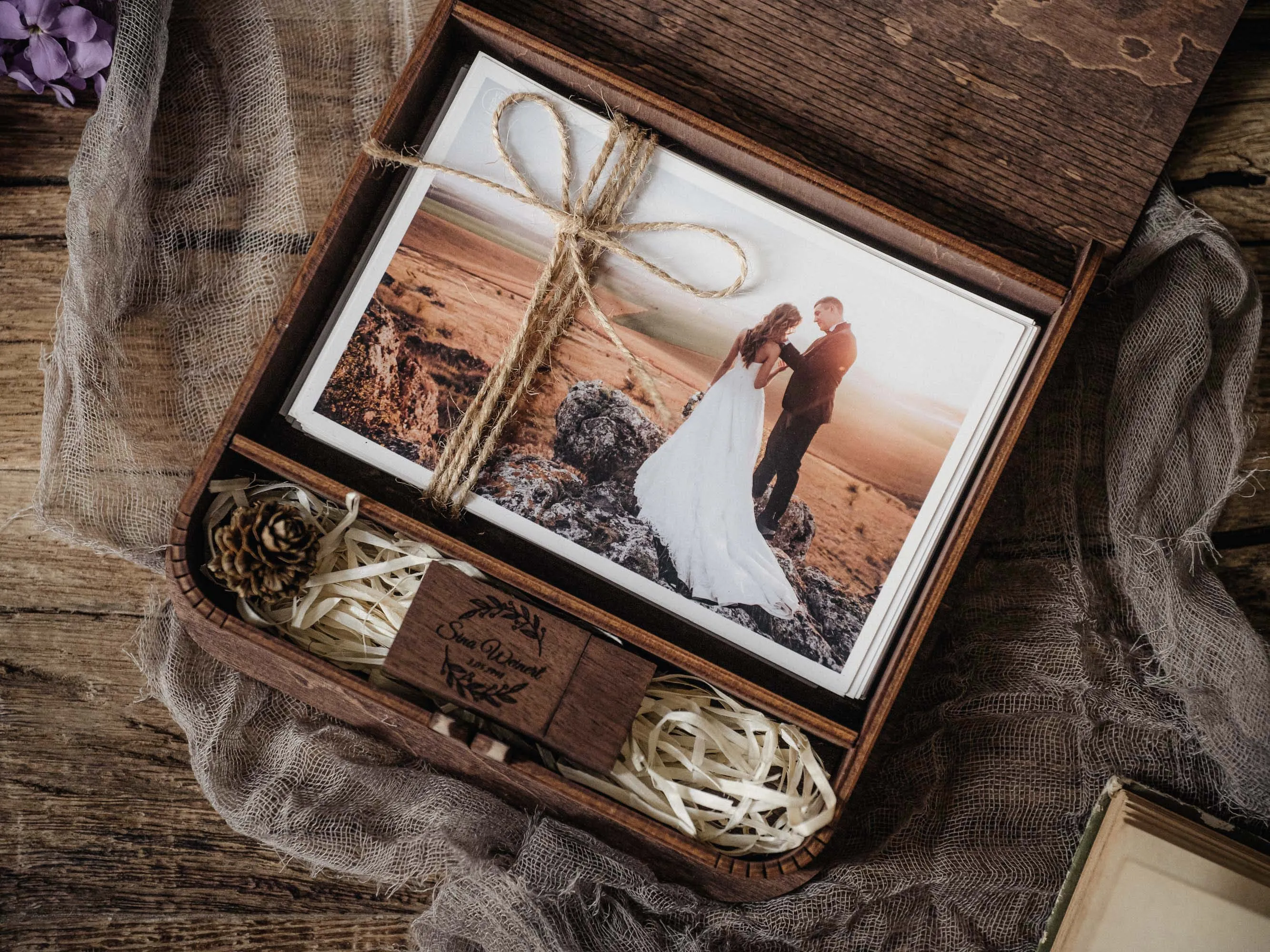 Wooden Photo Box in Vintage Style for Wedding Prints and USB Flash Drive