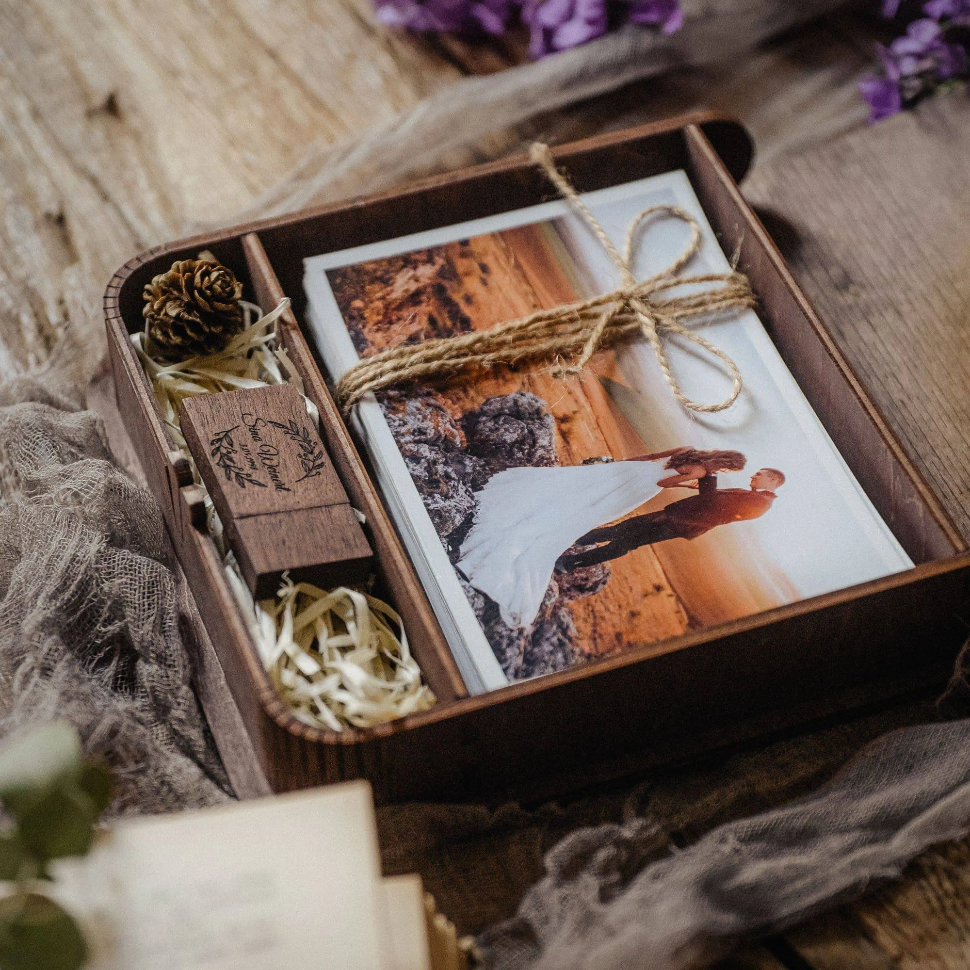 Wooden Photo Box in Vintage Style for Wedding Prints and USB Flash Drive