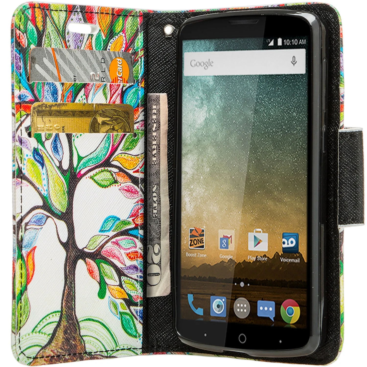 ZTE Ultra Case | ZTE Quest | ZTE Uhura Case, Wrist Strap Magnetic Flip Fold[Kickstand] Pu Leather Wallet Case with ID & Credit Card Slots for ZTE Ultra/Quest/Uhura - Colorful Tree